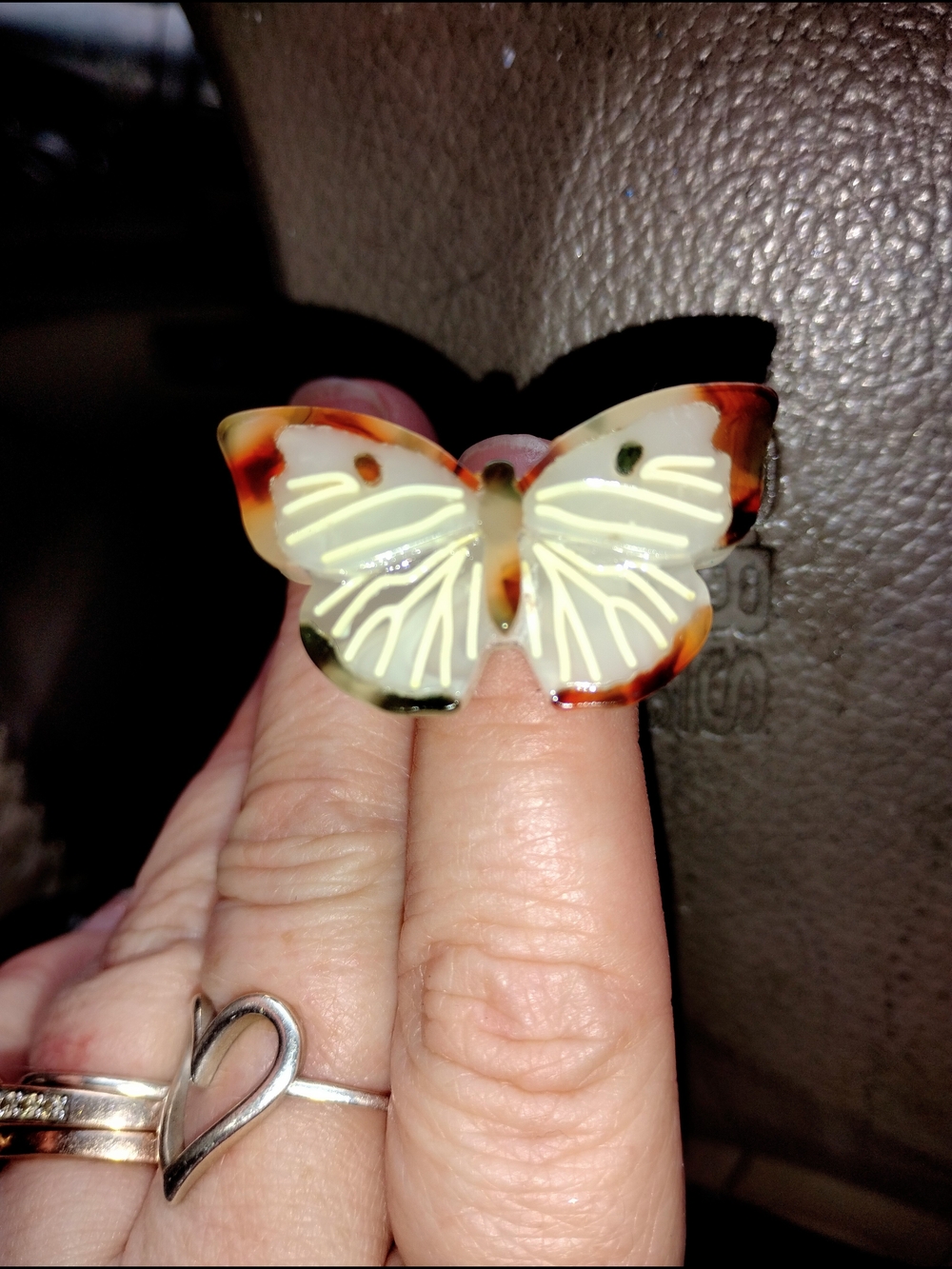 Hand Carved Butterfly  Statement Ring in Cream & Brown, Glows In Dark, Size: Adj